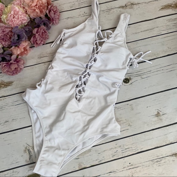 Plunging White Halter Corset Bandage Swimsuit - Picture 10 of 16